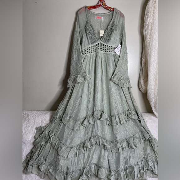 Free People Seraphina Metallic Ruffles Lattice Cutouts Maxi Dress - Picture 4 of 8